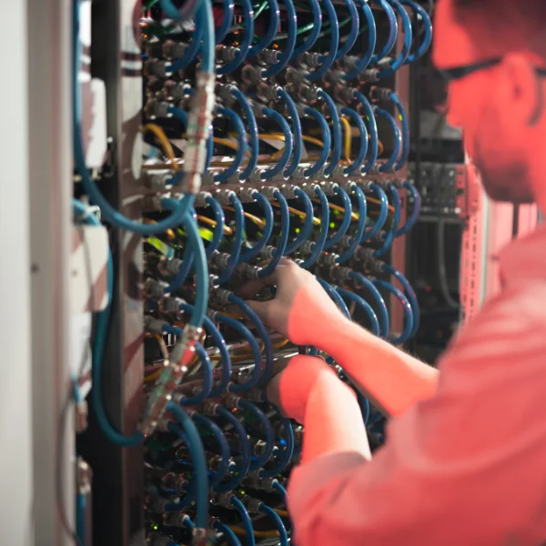 IT support tech fixing issue in server rack